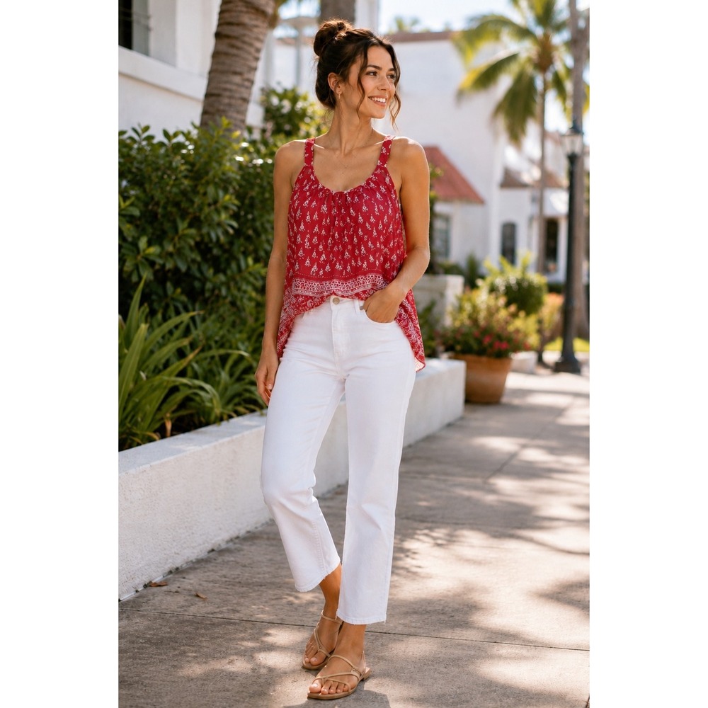 Express Women's M Red White Floral Boho Cross Back Tank Top